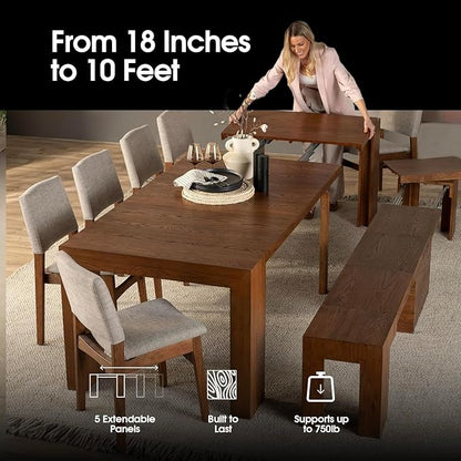 Transformer Table - Solid Wood Extendable Dining Table, Seats 2-12, Expandable Dining Room Table, Space-Saving Furniture, Expandable Dining Furniture, Brown (Table Only)