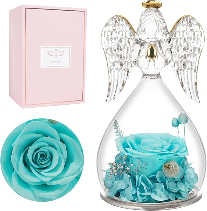 Miofula Preserved Flower Rose Birthday Gifts for Mom, Angel Figurines with Forever Real Rose Gifts for Her Mom Grandma, Angels Gifts for Mothers Day Christmas Anniversary Thanksgiving Birthday Gifts