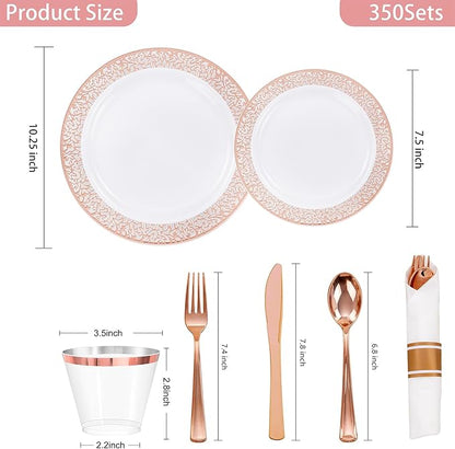 WELLIFE 350 PCS Rose Gold Disposable Dinnerware Set for 50 Guests, Disposable Rose Gold Lace Plates, Include:50 Dinner Plate, 50 Dessert Plates, 50 Pre Rolled Napkins with Silverware and 50 Cups
