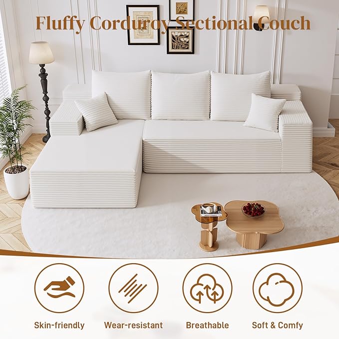 108" L Shaped Boneless Sectional Couches for Living Room, Comfy Corduroy Floor Cloud Sofa with Chaise, Wide Armrest, Deep Seat, Memory Foam, Assembly Free, Ideal for Small Spaces, White