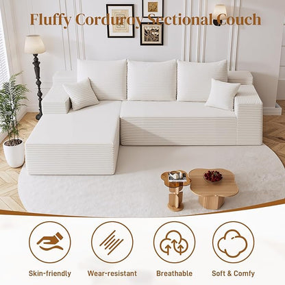 108" L Shaped Boneless Sectional Couches for Living Room, Comfy Corduroy Floor Cloud Sofa with Chaise, Wide Armrest, Deep Seat, Memory Foam, Assembly Free, Ideal for Small Spaces, White