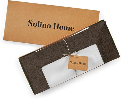 Solino Home Linen Table Runner 36 Inches - 100% Pure Linen Chambray Brown and White Short Table Runner 14 x 36 Inch Ideal for Dresser and Coffee Tables - Contempo