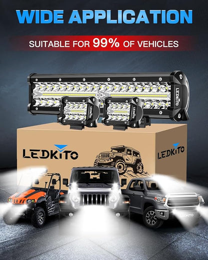12 Inch LED Light Bar and 2PCS 4 Inch Pod Lights Off Road Lights with Switch 3 Lead Wiring Harness Triple Row Spot Flood Combo LED Light Bar for Truck Car UTV Boat