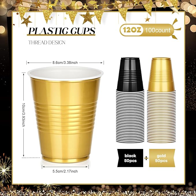 KesaPlan 100 PCS 12 OZ Plastic Cups, Party Cups Black and Gold Cups Disposable Drinking Cup Bulk For Christmas Graduation Wedding Birthday Halloween New Year Family Gathering Festive Celebrations