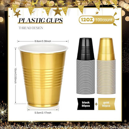 KesaPlan 100 PCS 12 OZ Plastic Cups, Party Cups Black and Gold Cups Disposable Drinking Cup Bulk For Christmas Graduation Wedding Birthday Halloween New Year Family Gathering Festive Celebrations