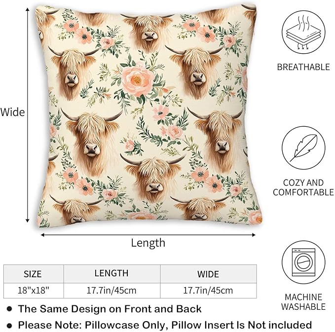 Highland Cow Throw Pillow Covers Set of 2 | 18x18 Inches Cushion Cases for Couch, Sofa, Bedroom and Living Room | Rustic Pillowcases for Home Decoration