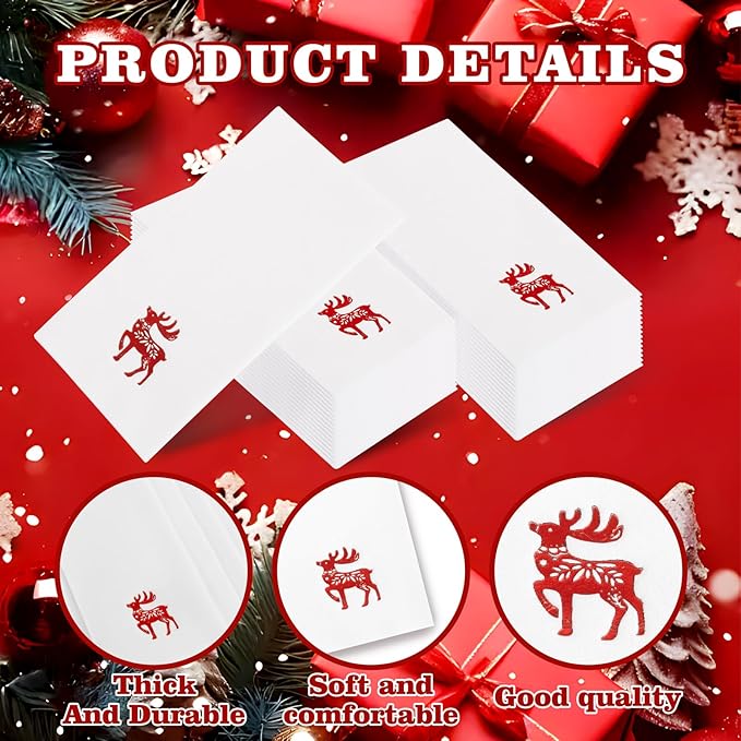 50 Pack Christmas Deer Paper Napkins - Christmas Red Dinner Napkins - Cloth-like Disposable Hand Towels for Xmas Holiday Table Bathroom Decor Party