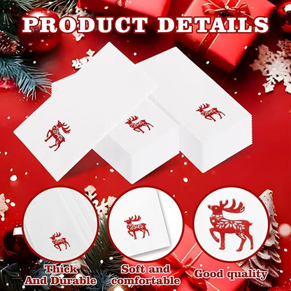 50 Pack Christmas Deer Paper Napkins - Christmas Red Dinner Napkins - Cloth-like Disposable Hand Towels for Xmas Holiday Table Bathroom Decor Party