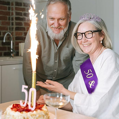 Purple 50th Birthday Gifts for Women, 50th Purple Birthday Decorations Women, 50th Birthday Sash, 50th Birthday Tiara, 50th Birthday Crown, Purple Crowns for Women, 50th Birthday Sash and Tiara for Women, Happy 50th Birthday Party Favors Cake Topper