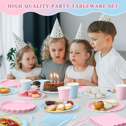 Vyntra 350 PCS Disposable Plates for Party, Paper Plates & Napkins Set with Cups, Knives, Forks, Spoons, 7'' Dessert and 9'' Dinner Plates for Gender Reveal, Baby Shower - Pink and Blue