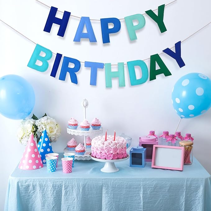 Felt Happy Birthday Garland Rainbow Banner Reusable Happy Birthday Sign Party Supply for Party Decor(Blue Color,Normal)