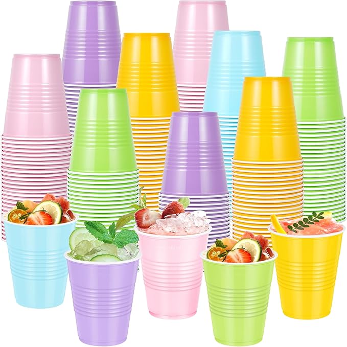 100 Pcs Pastel Plastic Cups 12 oz, Bulk Colorful Light Blue Pink Purple Green and Yellow Disposable Party Graduation Cups for Graduation Picnic Wedding Bridal Birthday Party Supplies Decorations