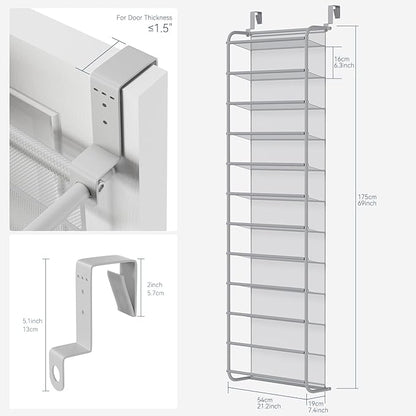Whitmor 36 Pair Over The Door Shoe Organizer, 12 Tier Hanging Shoe Organizer, Heavy Duty Metal & Mesh Shoe Holder, Hanging Shoe Rack for Closet Organizer & Storage, 69"L x 21.7"W x 7.5"H, Grey