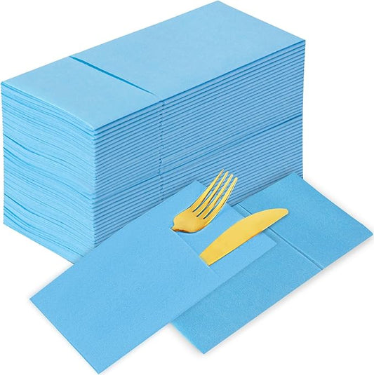 KAMMAK Light Blue Napkins Disposable with Pocket 100 Pack Cloth like Paper Dinner Napkins Folded Hand Towel for Party Decoration, Wedding Reception, Bathroon and Kitchen (16.5 x 16.5 inch)