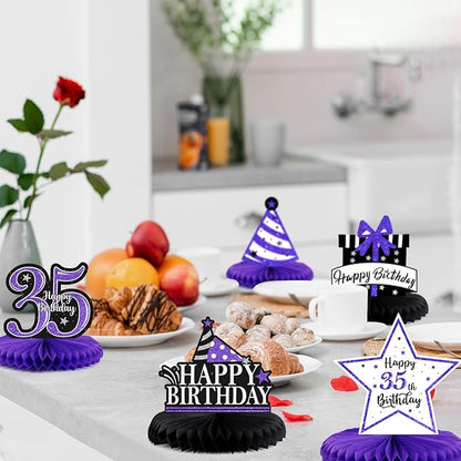 Happy 35th Birthday Decorations,35th Bday Purple Glitter Shiny Stand Honeycomb Table Centerpieces - Cheers to 35 Years Old Birthday Party Photoprop Gift Sign.