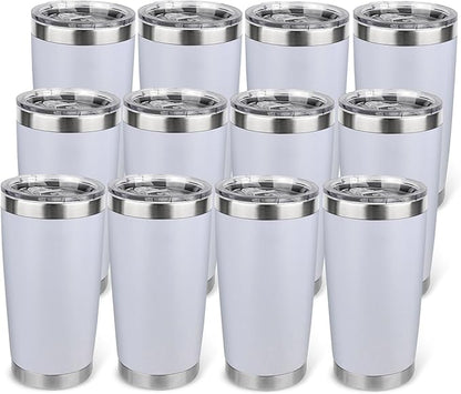 20oz Stainless Steel Tumbler Bulk with Lid, Travel Mug - Double Wall Vacuum Powder Coated Cup - White, 12 Pack