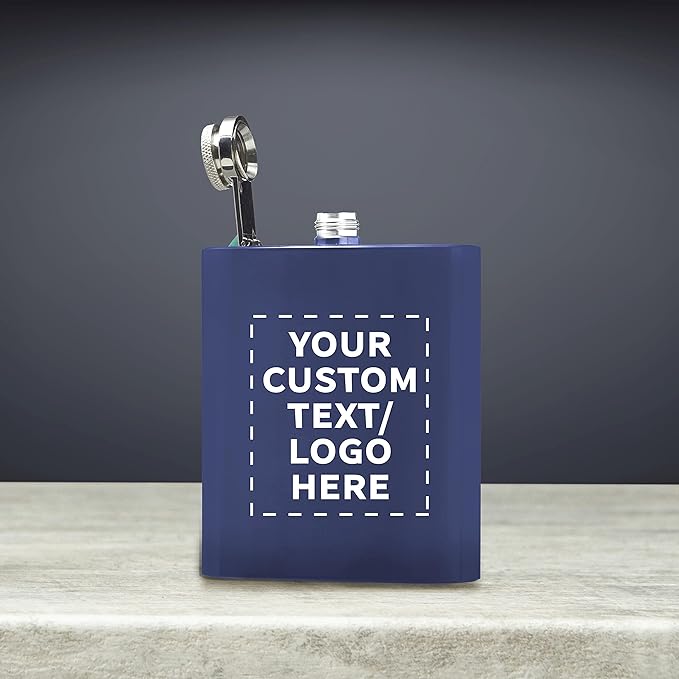 Custom Murano Stainless Steel Hip Flasks 6 oz. Set of 50, Personalized Bulk Pack - Screw on Cap, Great for Wedding Party Gifts, Groomsmen Gifts, Outdoor Activities - Blue
