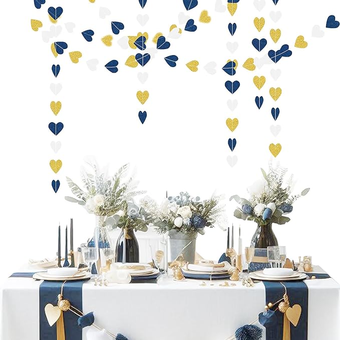 Navy-Blue White Gold Party Decorations - 52ft Paper Heart Garland Men Birthday Banner Graduation Decoration Wedding Streamers Bridal Boy Baby Shower Hanging Decor HongTongTong