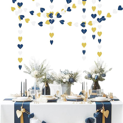 Navy-Blue White Gold Party Decorations - 52ft Paper Heart Garland Men Birthday Banner Graduation Decoration Wedding Streamers Bridal Boy Baby Shower Hanging Decor HongTongTong