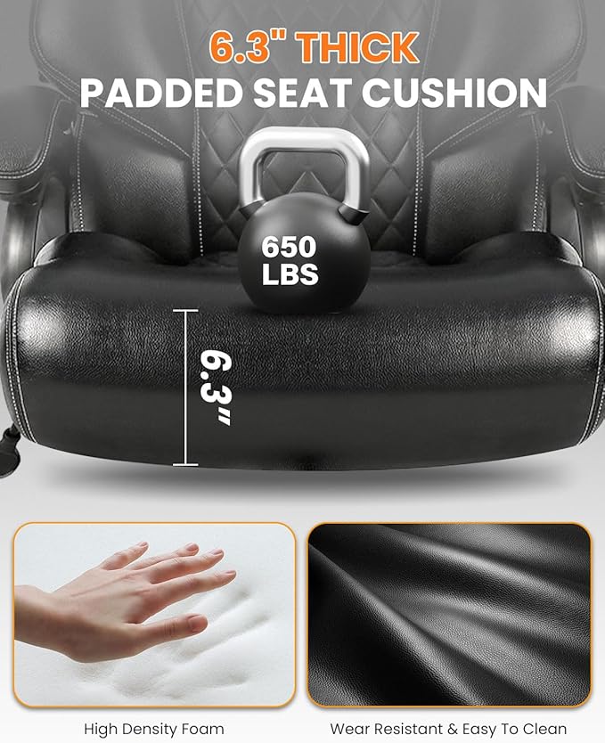 BOSMILLER 650lbs Large Big and Tall Office Chair for Heavy People with Adjustment Lumbar Support, Comfy Padded Heavy Duty Leather Executive Office Chair with Quiet Rubber for Adults 8 Hours Daliy Work