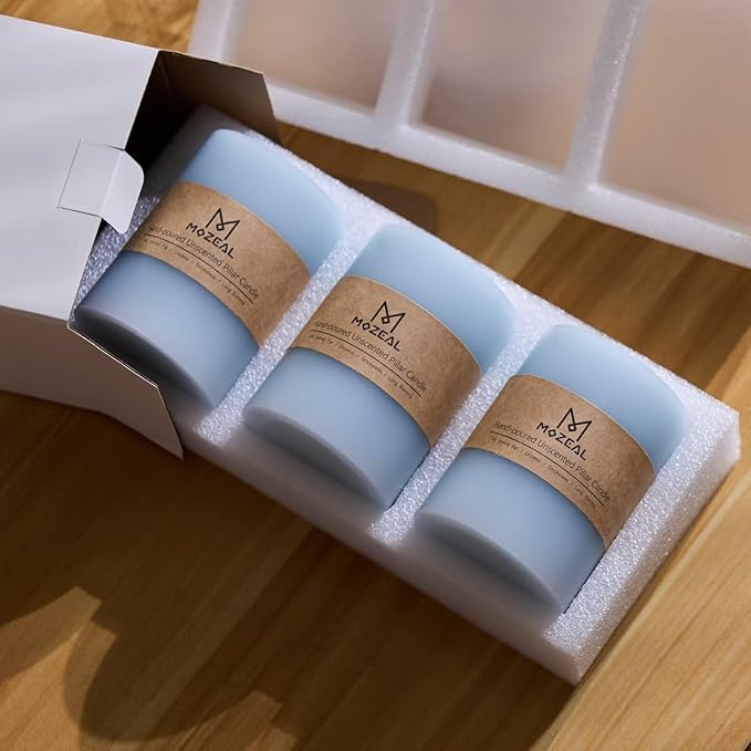 MOZEAL 3" x 6" Hand-Poured Unscented Candle, Dripless Pillar Candle Set of 3, Long Lasting Burning, Approx 120 Hours Burn Time, Rustic Country Style, for Baby Showers, Spring Freshness, Baby Blue