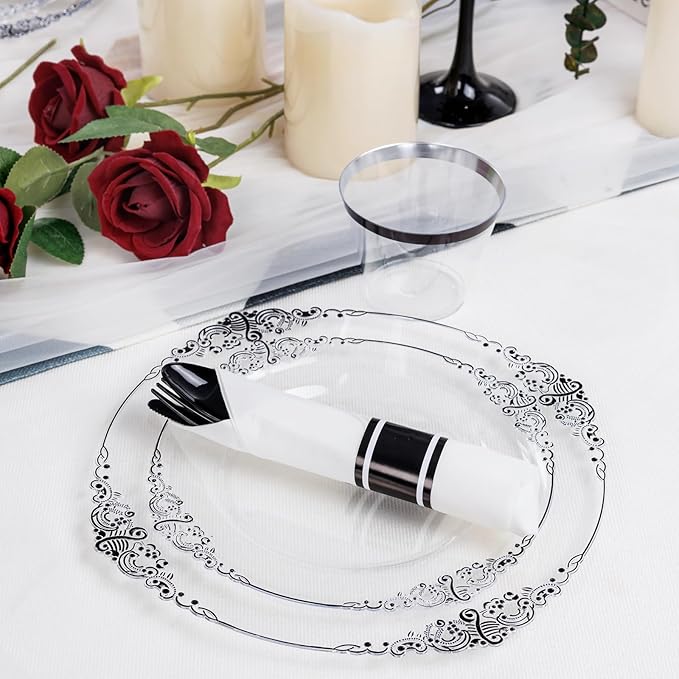 Hioasis 175pcs Clear Black Plastic Plates - Elegant Disposable Dinnerware Set Suitable for 25 Guests Include 10.25" Dinner & 7.5" Dessert Plates, Pre Rolled Silverware Set, Cups for Party & Wedding