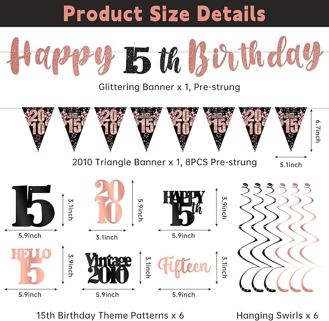 15th Birthday Decorations for Girls, Black Rose Gold Happy 15th Birthday Banner Hanging Swirls Vintage 2010 Birthday Decorations Kit Hello 15 Party Supplies