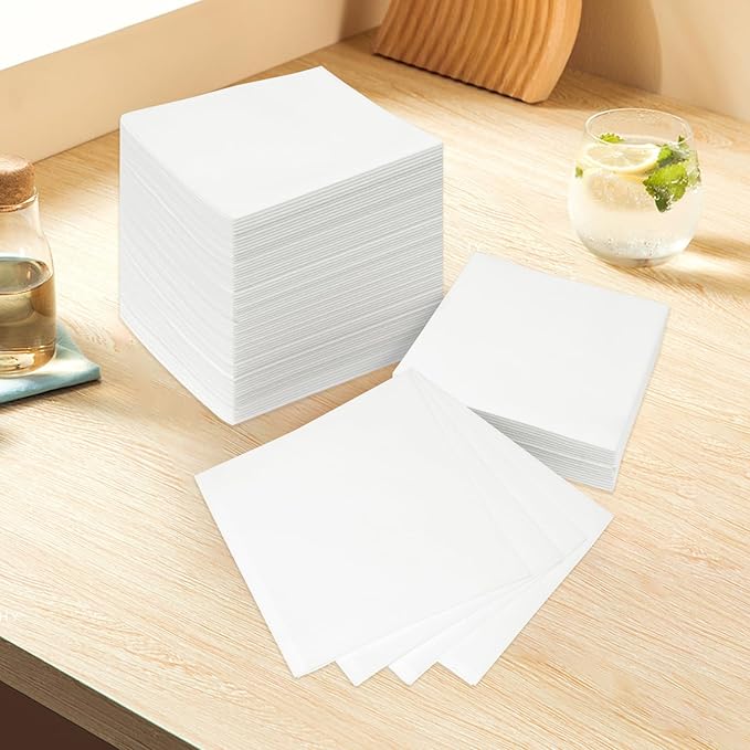 White Linen-Feel Beverage Napkins - 200PCS Disposable Cocktail Napkins, Soft & Absorbent, 1/4 Fold, 5" x 5" White Napkins Cloth for Bar, Café, Party, Wedding Or Event