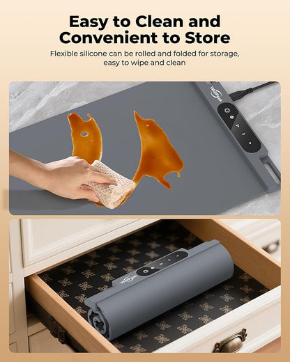 Electric Warming Mat for Food - Full Surface Fast Heating Silicone Tray with 3-Level Temperature, Auto-Off, Raised Feet for Table Protection, Versatile Warmer for Gatherings,Party,Home Buffet