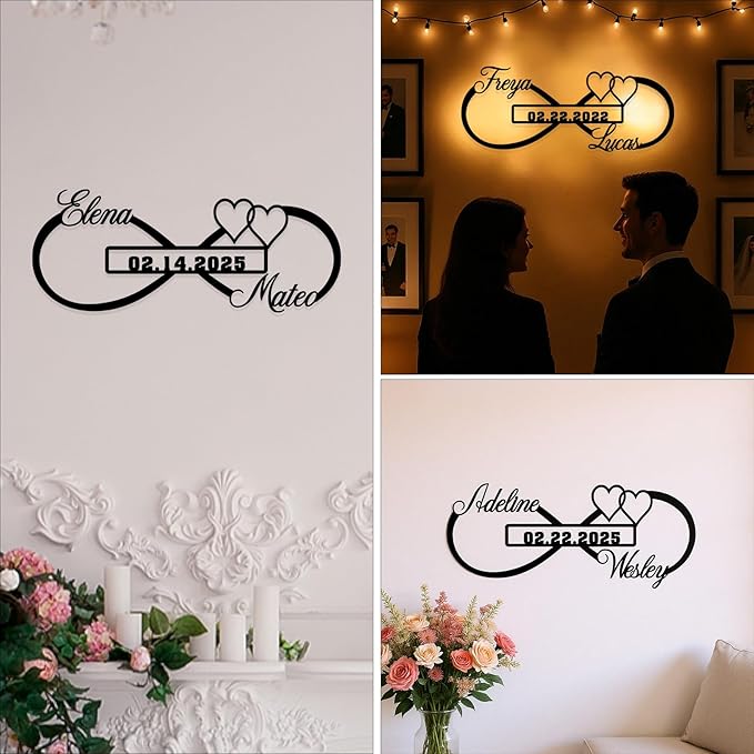 Personalized Infinity Love Sign with Memorable Day and Couples Name,Metal Infinity Heart Sign Wall Decor,Elegent Wall Art Sign for Wedding,Anniversary,Valentines Day Gift