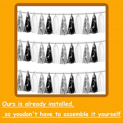 3P Black Silver white Tassel Banner Garland Metallic Foil Fringe Banner Tinsel Tassels Streamer Banner Backdrop for Parade Floats, Graduation Decorations, Halloween, Christmas Decorations