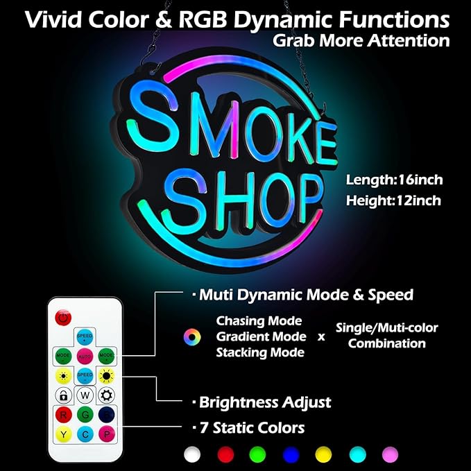SMOKE SHOP LED Neon Sign for Business,16x12 inch Vape Smoke Shop Sign RGB Bright Led for Window Wall Door VapeSmoke Store