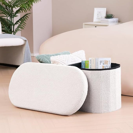B FSOBEIIALEO Ottoman with Storage for Living Room, Sherpa Folding Storage Ottoman Foot Rest, 30 Inches Collapsible Bedroom Bench White