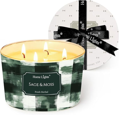 HomeLights Scented Candles for Women & Men, 18oz Candle Jars Aromatherapy 4-Wick Candle, Ideal for Scandinavian Minimalist Design Home Decor and Gifts, Sage & Moss
