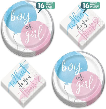 HOME & HOOPLA Baby Shower Gender Reveal Party Pink & Blue Watercolor Paper Dinner Plates and Lunch Napkins (Serves 16)