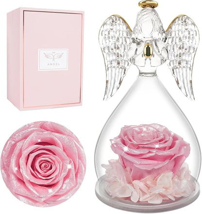Miofula Preserved Flower Rose Birthday Gifts for Mom, Angels Figurines with Forever Real Rose Gifts for Women Mom Grandma, Angels Gifts for Valentines Anniversary (Pearlescent Pink)