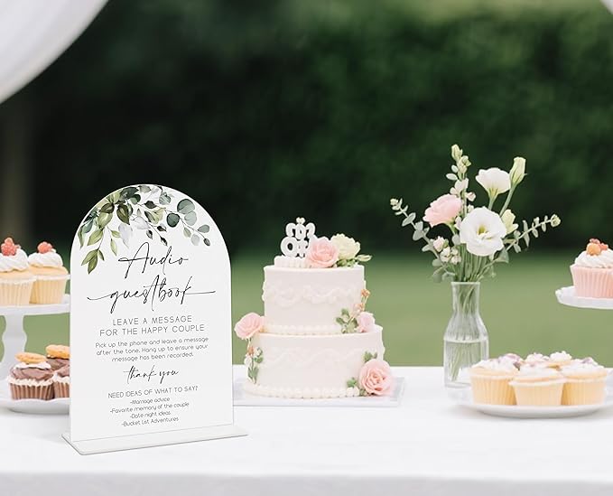 Wedding Signs for Reception, Green Leaves Audio Guestbook Sign, Wedding Reception Signage, Bridal Shower Table Decorations with Base, Supplies for Proposal, Bridal Shower Events and Ceremony, 07