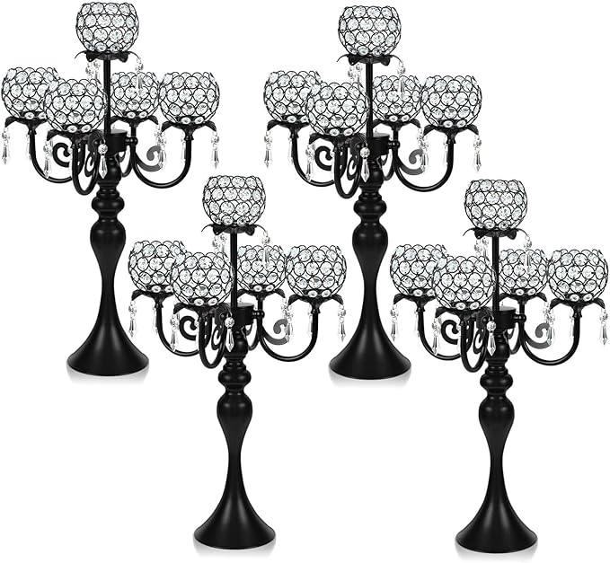 Set of 4 Crystal Tea Light Candle Holders - 22.5" Tall Metal & Crystal Centerpiece with Weighted Base for Birthday Valentine Dinner Table Decor- Matte Black
