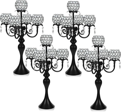 Set of 4 Crystal Tea Light Candle Holders - 22.5" Tall Metal & Crystal Centerpiece with Weighted Base for Birthday Valentine Dinner Table Decor- Matte Black