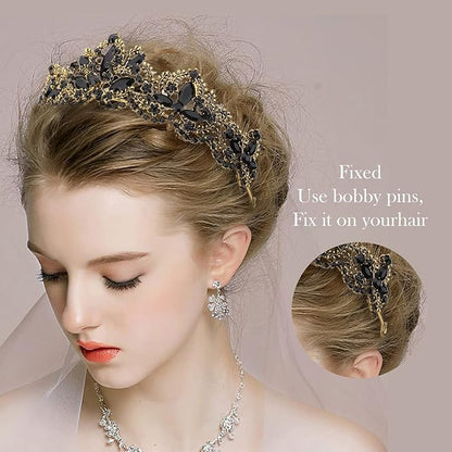 Black Tiara for Women Gold Crown for Girls Wedding Princess Birthday Crystal Rhinestones Headbands for Prom Bridal Party Halloween Costume Christmas Gift