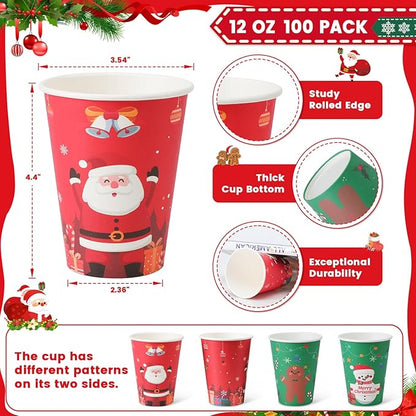 Lamosi Christmas Paper Cups 12 oz 100 Pack, Disposable Coffee Cups Hot/Cold Beverage for Xmas Party, Holiday, Cafe, Restaurant