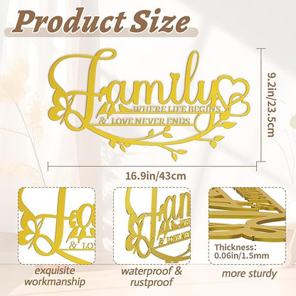 Family Signs Metal Wall Art Home Decor, Golden Family Where Life Begins Love Never Ends Sign Modern Wrought Iron Hanging Door Plaque Words Letters Decoration for Living Room Photos Dining Room Bedroom Housewarming Christmas