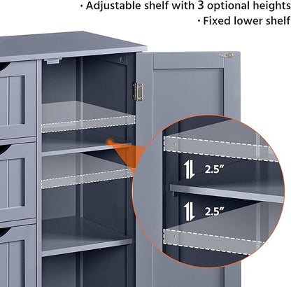 Yaheetech Large Bathroom Storage Cabinet, Freestanding Floor Cabinet with 4 Dawers and 1 Door, Adjustable Shelf, Bathroom Storage Organizer with 3 Shelves, for Living Room Kitchen Hallway, Gray