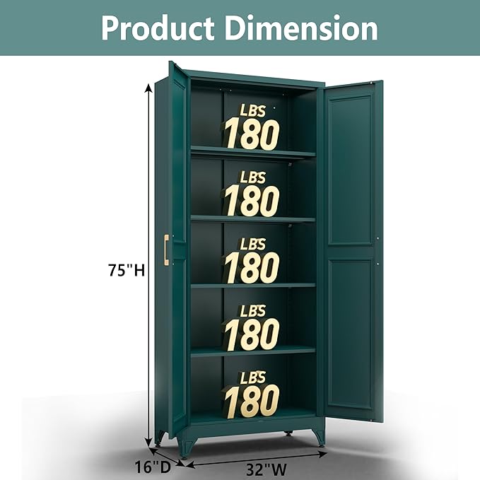 Metal Storage Cabinet,75" Tall Kitchen Pantry Storage Cabinet with Doors and Adjustable Shelves, Green Metal Pantry Cabinets, Large Cupboard for Kitchen, Dining Living Room, Bathroom, Office
