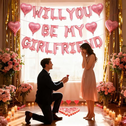 Will You Be My Girlfriend Balloons-16 Inch Pink Foil Letters Balloon 18 inch Heart Balloon Valentines Day Balloons for Wedding Engagements Proposals party Decorations