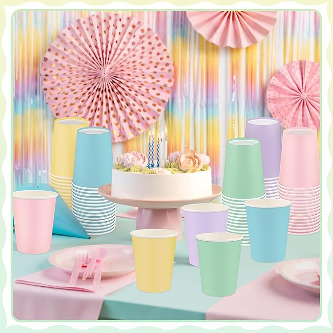 100 Pack Pastel Rainbow Paper Cups, 9oz Pastel Party Cups Colored Paper Cup Bulk, Disposable Drinking Cup for Birthday Holiday Party Supplies, 5 Colors
