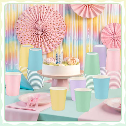 100 Pack Pastel Rainbow Paper Cups, 9oz Pastel Party Cups Colored Paper Cup Bulk, Disposable Drinking Cup for Birthday Holiday Party Supplies, 5 Colors
