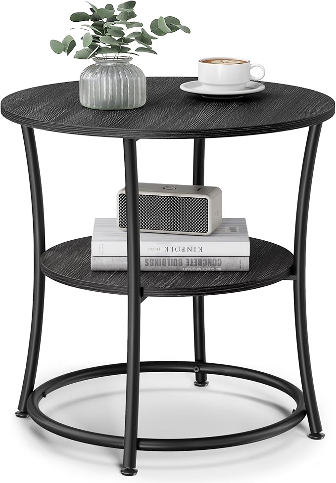VASAGLE 21.7-Inch Round Side Table, 2-Tier End Table, Nightstand with Steel Frame, Spacious Top, for Small Spaces, Living Room, Bedroom, Charcoal Gray and Ink Black ULET056B22