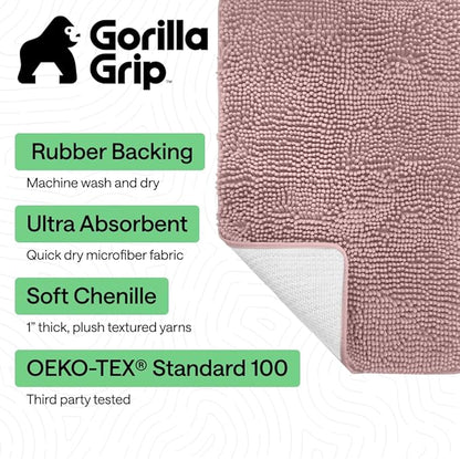 GORILLA GRIP Bath Rug Mat 60x24, Soft Absorbent Chenille, Quick Dry Microfiber Mats, Rubber Backing Washable Shower Floor Rugs, Bathmat Runner, US Designed Bathroom Home Decor Accessories Dusty Rose