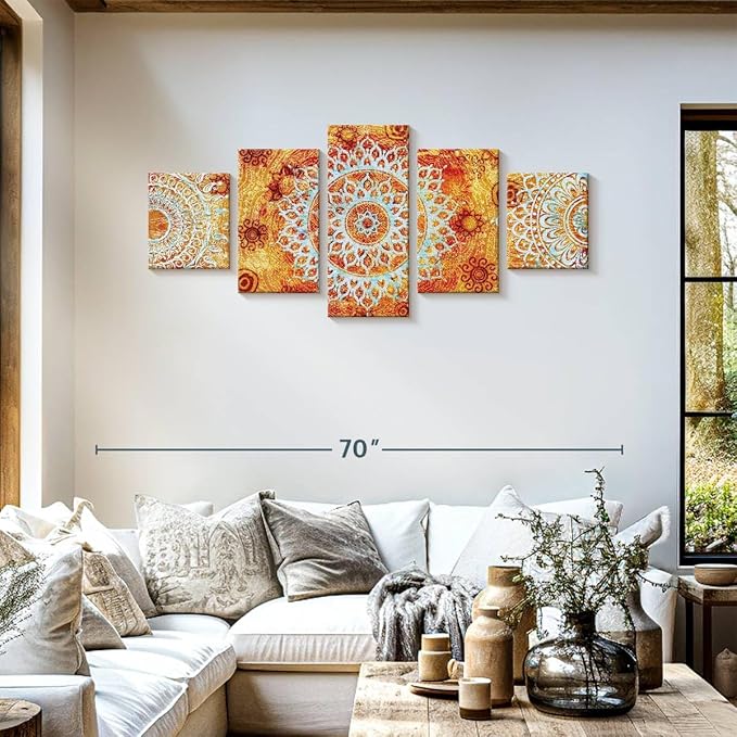 ElephantStock - Sun Like Mandala Symbols Wall Art - Horizontal Multi Panel Canvas - 5 Piece Living Room Wall Decor - Digital Art Elements Multi Piece Wall Art - Orange And Blue Decor - 55" x 24"